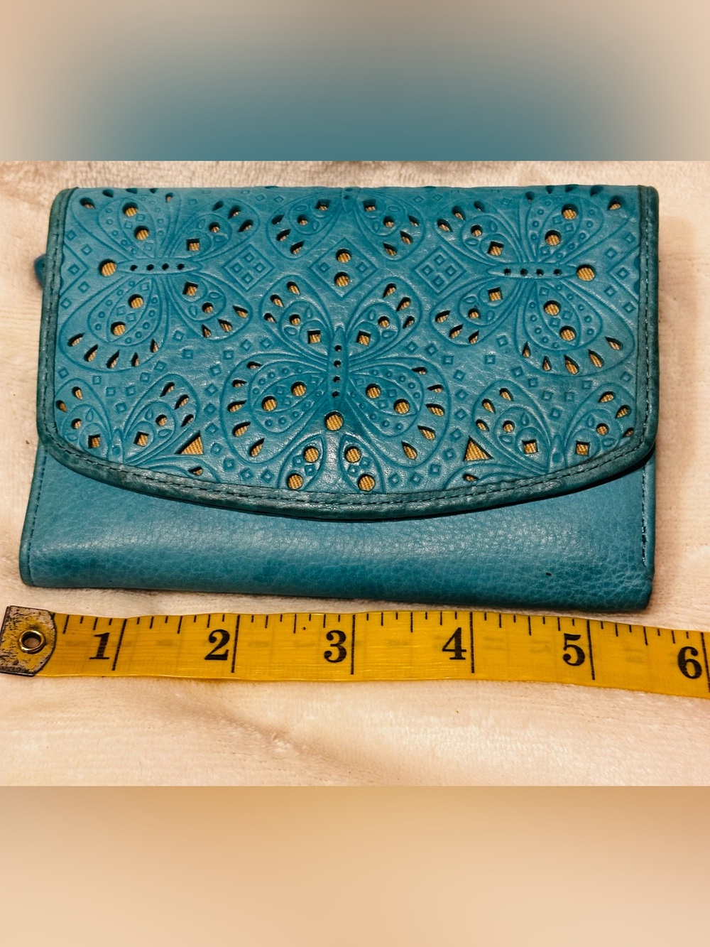 Fossil Womens Teal Leather Wallet with Butterfly Design Purfilated Flap Hobo - Picture 3 of 9